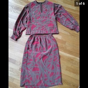 Vintage Beatrice di Borbone Silk 2 piece Top Skirt Brown Red